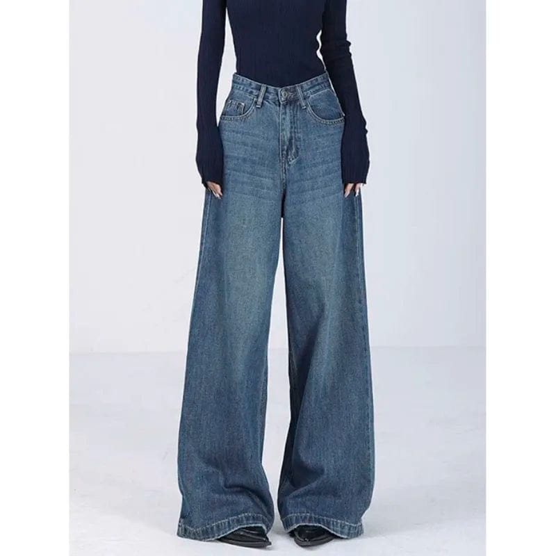 Eleganza Italiana Y2K Style Retro High-waisted Jeans For Women Fall Fashion Wide-leg Jeans Blue Korean High Quality Mom Women&