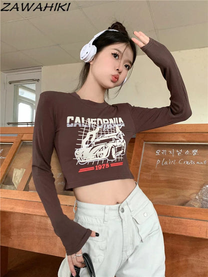 Eleganza Italiana Y2K Tops High Waist Slim Long Sleeve Letter Cartoon Print Fall New Arrive Women T Shirt American Retro Kpop Casual Crop Top Streetwear high fashion shein amazon temu target Walmart online