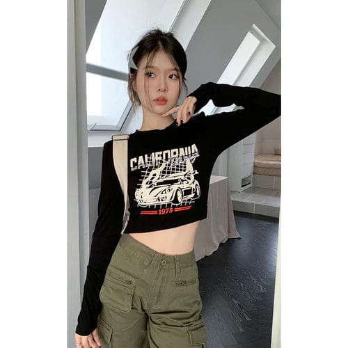 Eleganza Italiana Y2K Tops High Waist Slim Long Sleeve Letter Cartoon Print Fall New Arrive Women T Shirt American Retro Kpop Casual Crop Top Streetwear high fashion shein amazon temu target Walmart online