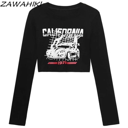 Eleganza Italiana Y2K Tops High Waist Slim Long Sleeve Letter Cartoon Print Fall New Arrive Women T Shirt American Retro Kpop Casual Crop Top Streetwear high fashion shein amazon temu target Walmart online