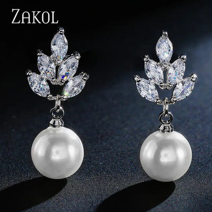 Eleganza Italiana ZAKOL Bohemian White Pearl Drop Earrings for Women Fashion Cubic Zircon Leaf Dangle Earring Korea Bridal Wedding Jewelry Gift Streetwear high fashion shein amazon temu target Walmart online