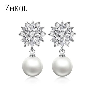 Eleganza Italiana ZAKOL Bohemian White Pearl Drop Earrings for Women Fashion Cubic Zircon Leaf Dangle Earring Korea Bridal Wedding Jewelry Gift Streetwear high fashion shein amazon temu target Walmart online