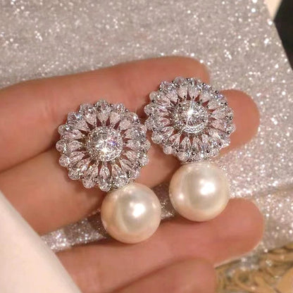 Eleganza Italiana ZAKOL Bohemian White Pearl Drop Earrings for Women Fashion Cubic Zircon Leaf Dangle Earring Korea Bridal Wedding Jewelry Gift Streetwear high fashion shein amazon temu target Walmart online