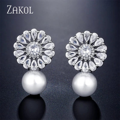 Eleganza Italiana ZAKOL Bohemian White Pearl Drop Earrings for Women Fashion Cubic Zircon Leaf Dangle Earring Korea Bridal Wedding Jewelry Gift Streetwear high fashion shein amazon temu target Walmart online