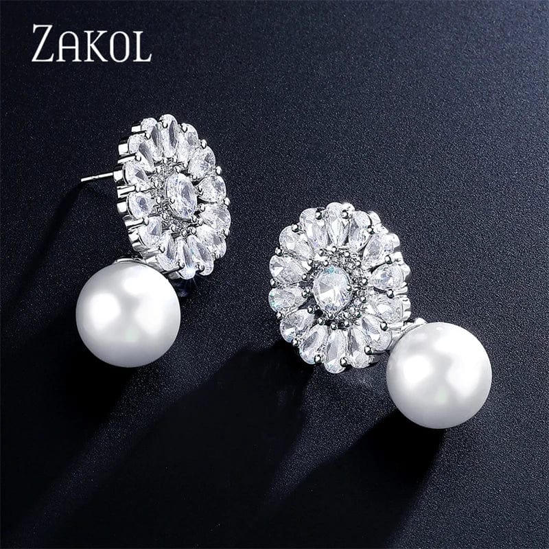 Eleganza Italiana ZAKOL Bohemian White Pearl Drop Earrings for Women Fashion Cubic Zircon Leaf Dangle Earring Korea Bridal Wedding Jewelry Gift Streetwear high fashion shein amazon temu target Walmart online