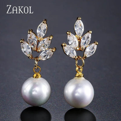 Eleganza Italiana ZAKOL Bohemian White Pearl Drop Earrings for Women Fashion Cubic Zircon Leaf Dangle Earring Korea Bridal Wedding Jewelry Gift Streetwear high fashion shein amazon temu target Walmart online