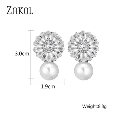 Eleganza Italiana ZAKOL Bohemian White Pearl Drop Earrings for Women Fashion Cubic Zircon Leaf Dangle Earring Korea Bridal Wedding Jewelry Gift Streetwear high fashion shein amazon temu target Walmart online