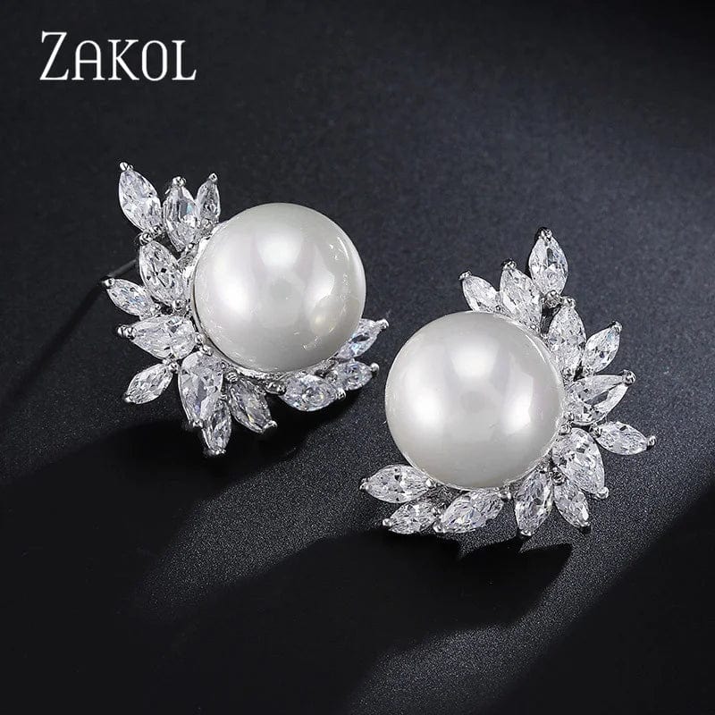 Eleganza Italiana ZAKOL Bohemian White Pearl Drop Earrings for Women Fashion Cubic Zircon Leaf Dangle Earring Korea Bridal Wedding Jewelry Gift Streetwear high fashion shein amazon temu target Walmart online