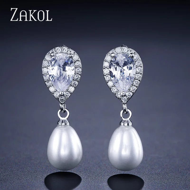 Eleganza Italiana ZAKOL Bohemian White Pearl Drop Earrings for Women Fashion Cubic Zircon Leaf Dangle Earring Korea Bridal Wedding Jewelry Gift Streetwear high fashion shein amazon temu target Walmart online