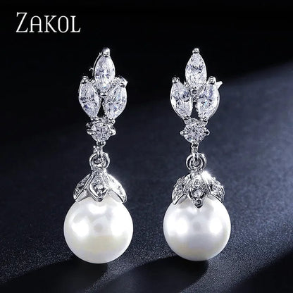 Eleganza Italiana ZAKOL Bohemian White Pearl Drop Earrings for Women Fashion Cubic Zircon Leaf Dangle Earring Korea Bridal Wedding Jewelry Gift Streetwear high fashion shein amazon temu target Walmart online