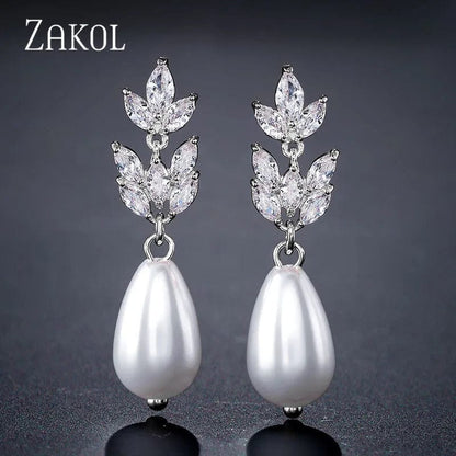 Eleganza Italiana ZAKOL Bohemian White Pearl Drop Earrings for Women Fashion Cubic Zircon Leaf Dangle Earring Korea Bridal Wedding Jewelry Gift Streetwear high fashion shein amazon temu target Walmart online