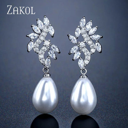 Eleganza Italiana ZAKOL Bohemian White Pearl Drop Earrings for Women Fashion Cubic Zircon Leaf Dangle Earring Korea Bridal Wedding Jewelry Gift Streetwear high fashion shein amazon temu target Walmart online