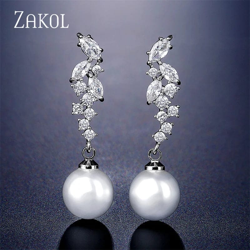 Eleganza Italiana ZAKOL Bohemian White Pearl Drop Earrings for Women Fashion Cubic Zircon Leaf Dangle Earring Korea Bridal Wedding Jewelry Gift Streetwear high fashion shein amazon temu target Walmart online