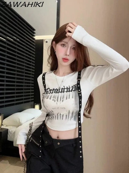 Eleganza Italiana ZAWAHIKI Crop Top Chic Designed Letter Butterfly Print Spring Fall O-neck Slim All Match T Shirts for Women Y2K Sweet Chic Tees Streetwear high fashion shein amazon temu target Walmart online