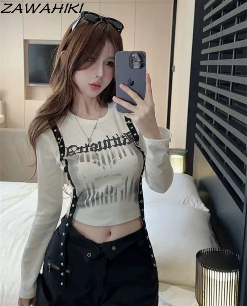 Eleganza Italiana ZAWAHIKI Crop Top Chic Designed Letter Butterfly Print Spring Fall O-neck Slim All Match T Shirts for Women Y2K Sweet Chic Tees Streetwear high fashion shein amazon temu target Walmart online