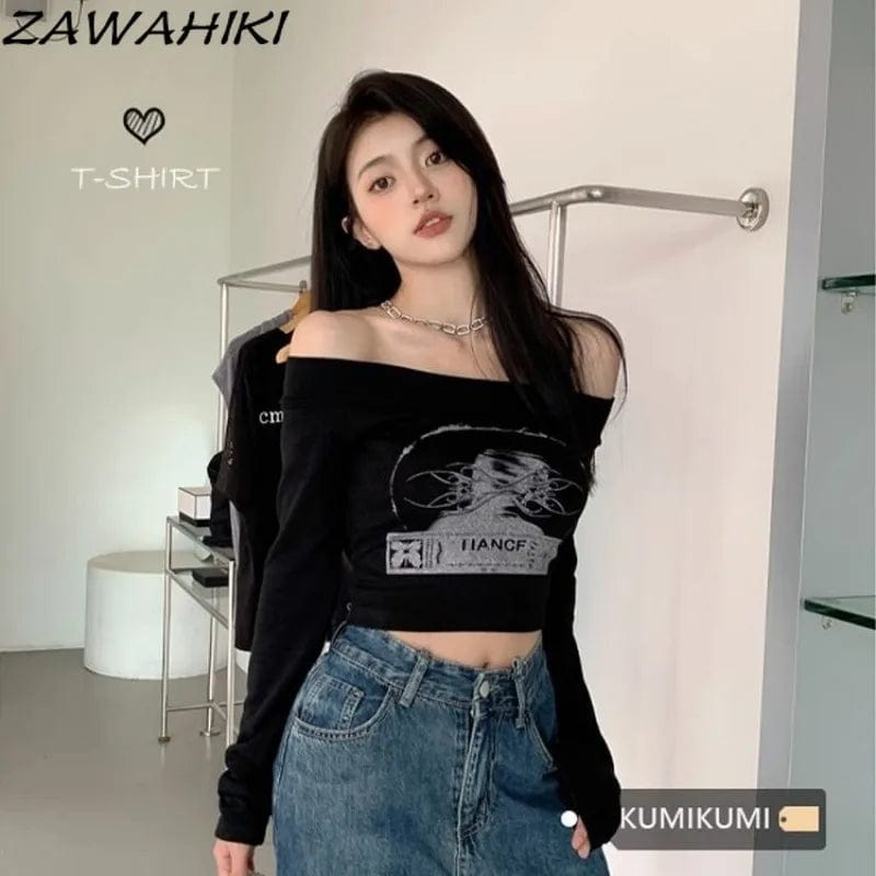 Eleganza Italiana ZAWAHIKI Shirts for Women Black Slash Neck Y2K Aesthetic Spring Fall American Grunge Graphic Print Fashion Long Sleeve Crop Top Streetwear high fashion shein amazon temu target Walmart online