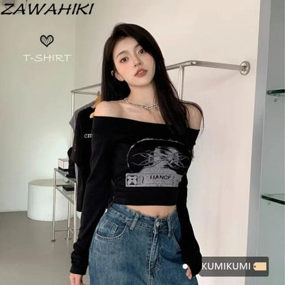 Eleganza Italiana ZAWAHIKI Shirts for Women Black Slash Neck Y2K Aesthetic Spring Fall American Grunge Graphic Print Fashion Long Sleeve Crop Top Streetwear high fashion shein amazon temu target Walmart online