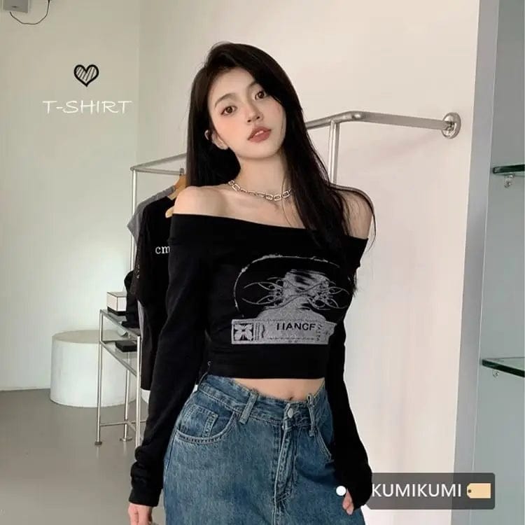 Eleganza Italiana ZAWAHIKI Shirts for Women Black Slash Neck Y2K Aesthetic Spring Fall American Grunge Graphic Print Fashion Long Sleeve Crop Top Streetwear high fashion shein amazon temu target Walmart online