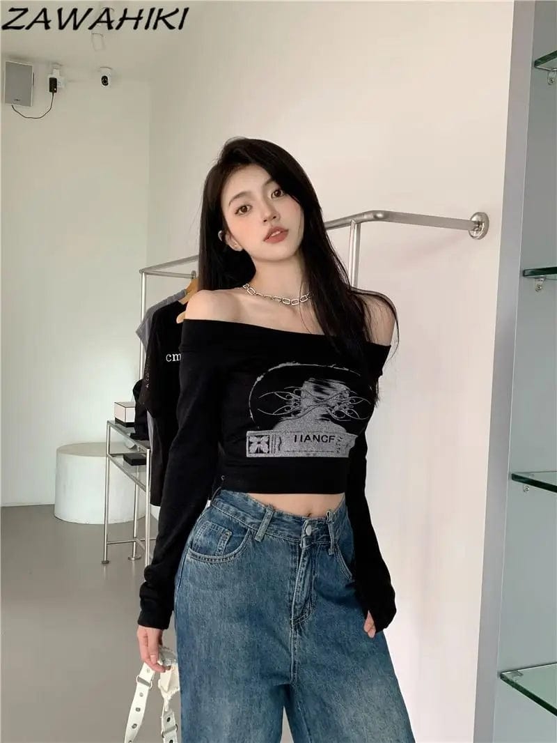 Eleganza Italiana ZAWAHIKI Shirts for Women Black Slash Neck Y2K Aesthetic Spring Fall American Grunge Graphic Print Fashion Long Sleeve Crop Top Streetwear high fashion shein amazon temu target Walmart online