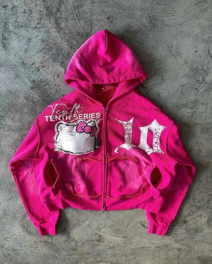 Eleganza Italiana Zipper Hoodie Y2K Clothes Gothic Cartoon Embroidered Letters Pink Loose Hoodie Sweatshirt 2 Piece Sets Womens Outfits Streetwear Streetwear high fashion shein amazon temu target Walmart online