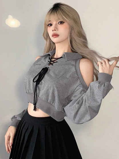 Eleganza Italiana Zoki Sexy Cropped Women Y2K Sweatshirt Streetwear Off Shoulder Gothic Tops Autumn Korean Long Sleeve Harajuku Grey Pullovers New Streetwear high fashion shein amazon temu target Walmart online