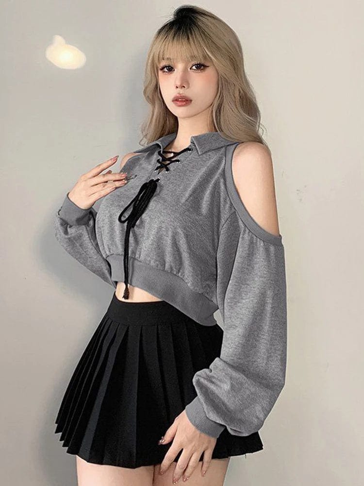 Eleganza Italiana Zoki Sexy Cropped Women Y2K Sweatshirt Streetwear Off Shoulder Gothic Tops Autumn Korean Long Sleeve Harajuku Grey Pullovers New Streetwear high fashion shein amazon temu target Walmart online