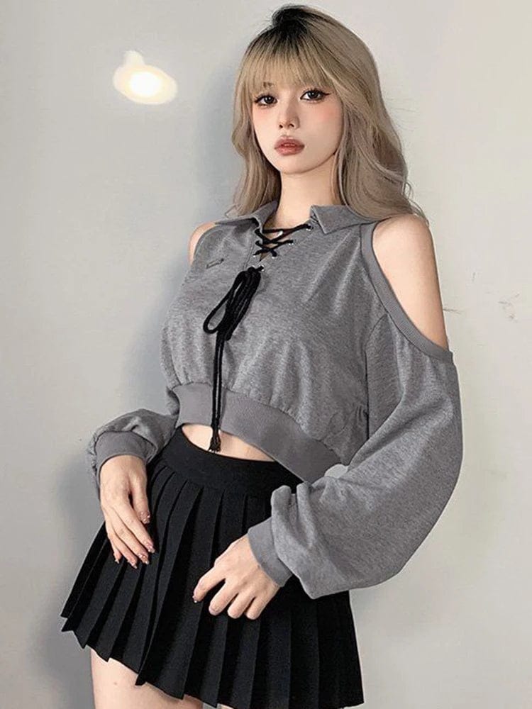 Eleganza Italiana Zoki Sexy Cropped Women Y2K Sweatshirt Streetwear Off Shoulder Gothic Tops Autumn Korean Long Sleeve Harajuku Grey Pullovers New Streetwear high fashion shein amazon temu target Walmart online