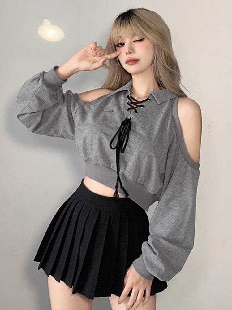 Eleganza Italiana Zoki Sexy Cropped Women Y2K Sweatshirt Streetwear Off Shoulder Gothic Tops Autumn Korean Long Sleeve Harajuku Grey Pullovers New Streetwear high fashion shein amazon temu target Walmart online