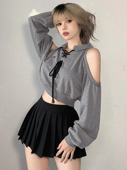 Eleganza Italiana Zoki Sexy Cropped Women Y2K Sweatshirt Streetwear Off Shoulder Gothic Tops Autumn Korean Long Sleeve Harajuku Grey Pullovers New Streetwear high fashion shein amazon temu target Walmart online