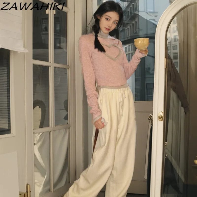 Eleganza Italiana ZWAHIKI Sweet Y2K Aesthetic Turtleneck Slim Patchwork Contrast Color Knitted Pullover Spring Fall Fashion Versatile Crop Top Streetwear high fashion shein amazon temu target Walmart online