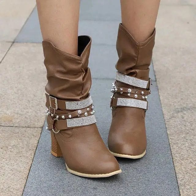 Peris Elegance 2023 New Women High Boots Punk Rivet Buckle Square Mid Heel Knee-High Boots Pu Leather Pointed Toe Female Solid Tall Shoes Botas Streetwear high fashion shein amazon temu target Walmart online