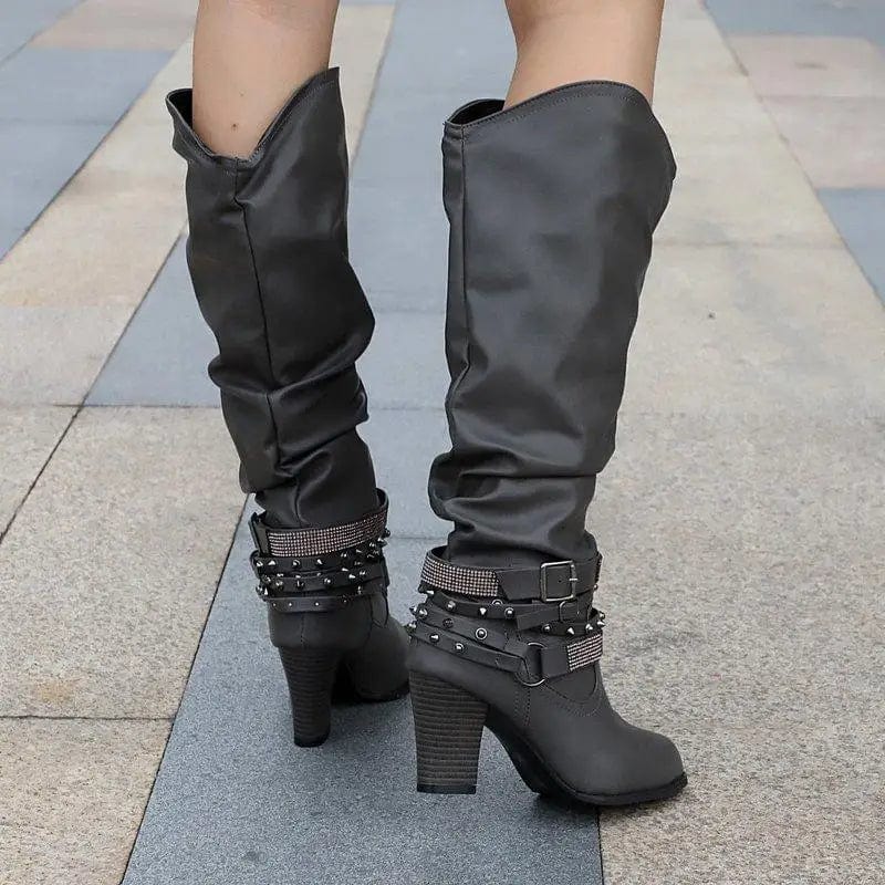 Peris Elegance 2023 New Women High Boots Punk Rivet Buckle Square Mid Heel Knee-High Boots Pu Leather Pointed Toe Female Solid Tall Shoes Botas Streetwear high fashion shein amazon temu target Walmart online