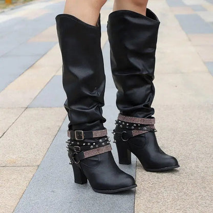 Peris Elegance 2023 New Women High Boots Punk Rivet Buckle Square Mid Heel Knee-High Boots Pu Leather Pointed Toe Female Solid Tall Shoes Botas Streetwear high fashion shein amazon temu target Walmart online