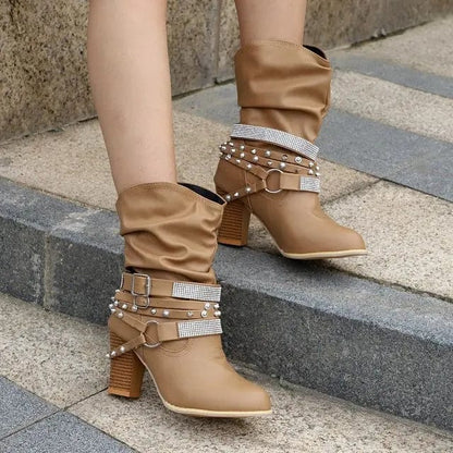 Peris Elegance 2023 New Women High Boots Punk Rivet Buckle Square Mid Heel Knee-High Boots Pu Leather Pointed Toe Female Solid Tall Shoes Botas Streetwear high fashion shein amazon temu target Walmart online