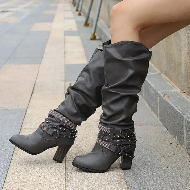 Peris Elegance 2023 New Women High Boots Punk Rivet Buckle Square Mid Heel Knee-High Boots Pu Leather Pointed Toe Female Solid Tall Shoes Botas Streetwear high fashion shein amazon temu target Walmart online