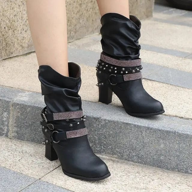 Peris Elegance 2023 New Women High Boots Punk Rivet Buckle Square Mid Heel Knee-High Boots Pu Leather Pointed Toe Female Solid Tall Shoes Botas Streetwear high fashion shein amazon temu target Walmart online