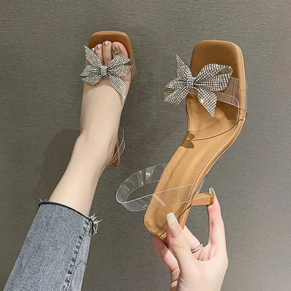 Peris Elegance 2023 Summer New Transparent PVC Fashion High with Sandals Fine with Bow Outside Wear Slippers Square Head Women Shoes Streetwear high fashion shein amazon temu target Walmart online