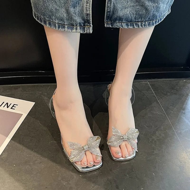 Peris Elegance 2023 Summer New Transparent PVC Fashion High with Sandals Fine with Bow Outside Wear Slippers Square Head Women Shoes Streetwear high fashion shein amazon temu target Walmart online