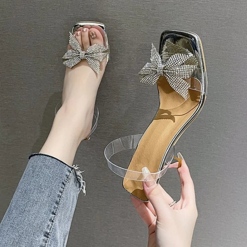 Peris Elegance 2023 Summer New Transparent PVC Fashion High with Sandals Fine with Bow Outside Wear Slippers Square Head Women Shoes Streetwear high fashion shein amazon temu target Walmart online