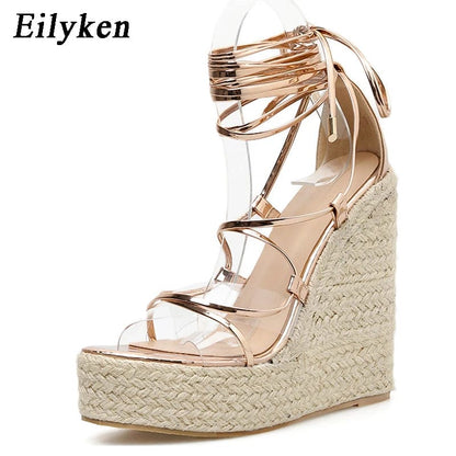 Peris Elegance Eilyken 2024 New Champagne Gold Wedges Sandals Women Lace-Up Peep Toe Summer High Heels Elegant Ankle Strap Shoes Large Size 42 Streetwear high fashion shein amazon temu target Walmart online