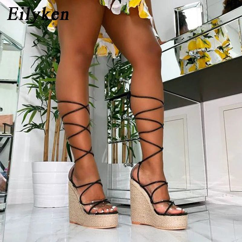 Peris Elegance Eilyken 2024 New Champagne Gold Wedges Sandals Women Lace-Up Peep Toe Summer High Heels Elegant Ankle Strap Shoes Large Size 42 Streetwear high fashion shein amazon temu target Walmart online