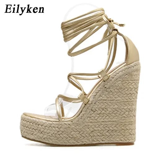 Peris Elegance Eilyken 2024 New Champagne Gold Wedges Sandals Women Lace-Up Peep Toe Summer High Heels Elegant Ankle Strap Shoes Large Size 42 Streetwear high fashion shein amazon temu target Walmart online