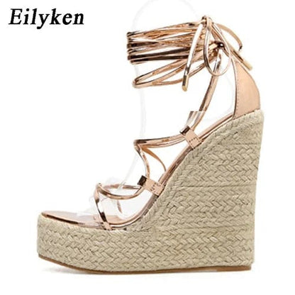 Peris Elegance Eilyken 2024 New Champagne Gold Wedges Sandals Women Lace-Up Peep Toe Summer High Heels Elegant Ankle Strap Shoes Large Size 42 Streetwear high fashion shein amazon temu target Walmart online