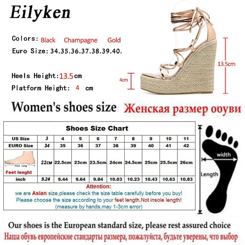 Peris Elegance Eilyken 2024 New Champagne Gold Wedges Sandals Women Lace-Up Peep Toe Summer High Heels Elegant Ankle Strap Shoes Large Size 42 Streetwear high fashion shein amazon temu target Walmart online