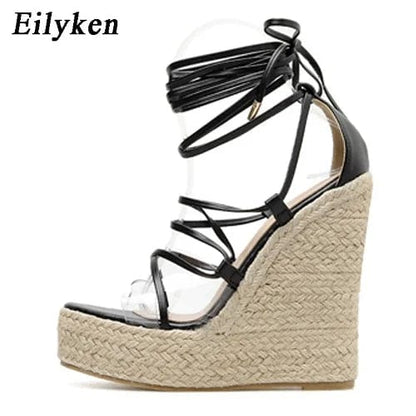 Peris Elegance Eilyken 2024 New Champagne Gold Wedges Sandals Women Lace-Up Peep Toe Summer High Heels Elegant Ankle Strap Shoes Large Size 42 Streetwear high fashion shein amazon temu target Walmart online