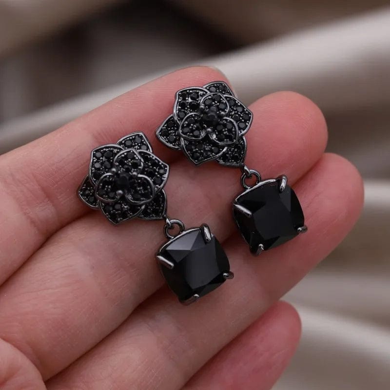 Peris Elegance Korean New Design Fashion Jewelry Premium Black Camellia Square Pendant Earrings Elegant Women&