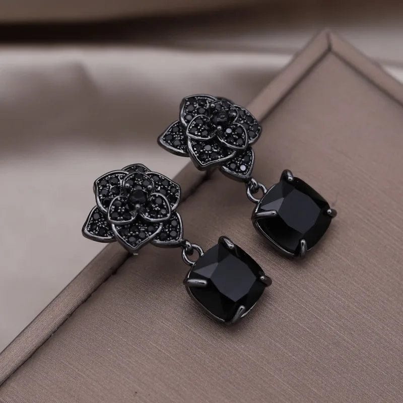 Peris Elegance Korean New Design Fashion Jewelry Premium Black Camellia Square Pendant Earrings Elegant Women&