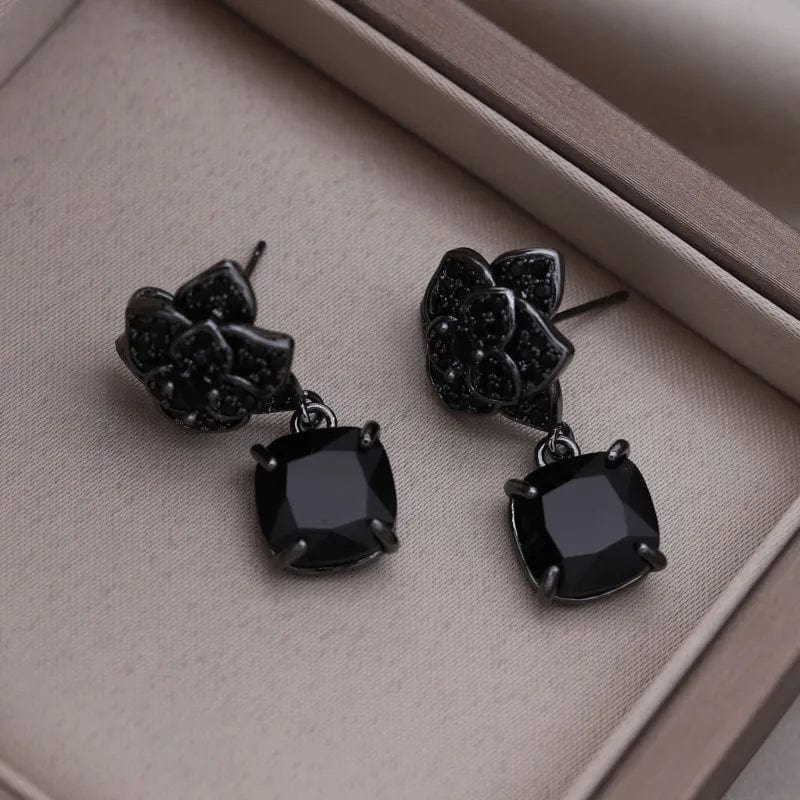 Peris Elegance Korean New Design Fashion Jewelry Premium Black Camellia Square Pendant Earrings Elegant Women&