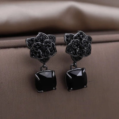 Peris Elegance Korean New Design Fashion Jewelry Premium Black Camellia Square Pendant Earrings Elegant Women&