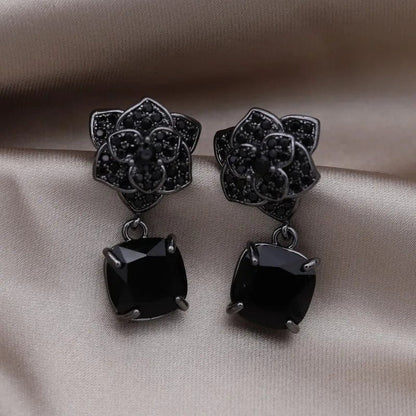 Peris Elegance Korean New Design Fashion Jewelry Premium Black Camellia Square Pendant Earrings Elegant Women&